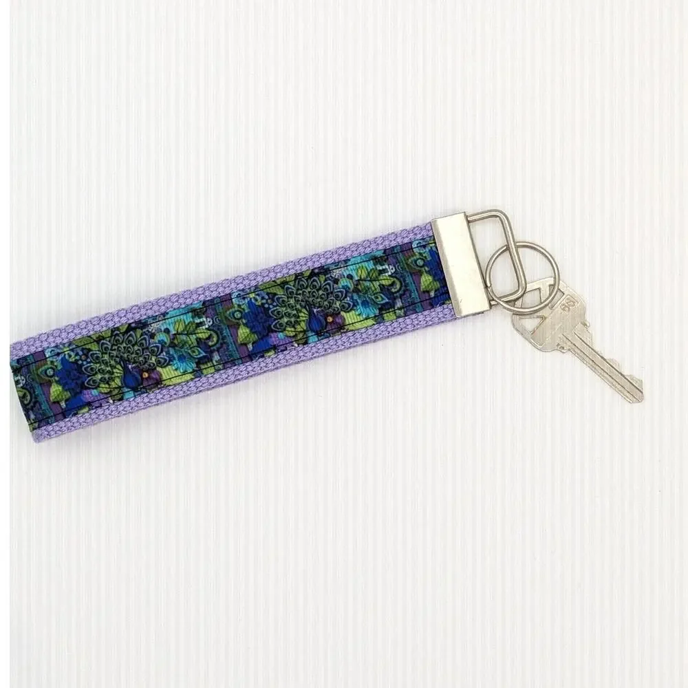 Peacock Keychain Wristlet Fabric Key FOB Gift Present Feathers Purple Green Bird